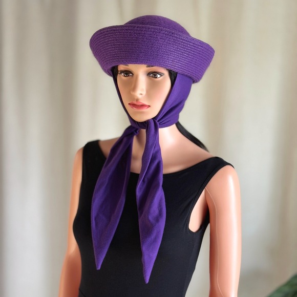 Unbranded Accessories - Vtg Y2K Bollman Purple Woven Straw Bucket Hat Attached Scarf Tie 60s Mod Cloche